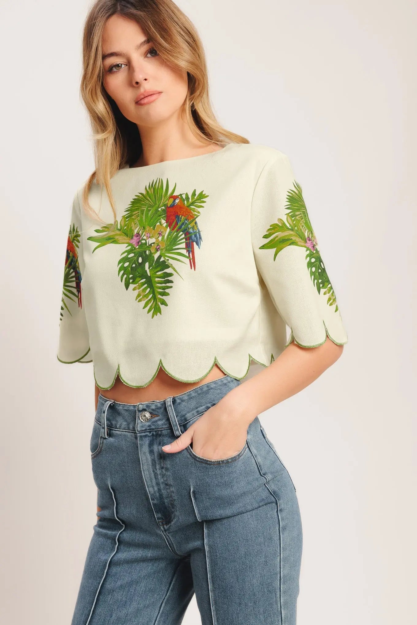 Island Elegance Printed Woven Crop Top Short Sleeve Scalloped Hem Flying Tomato