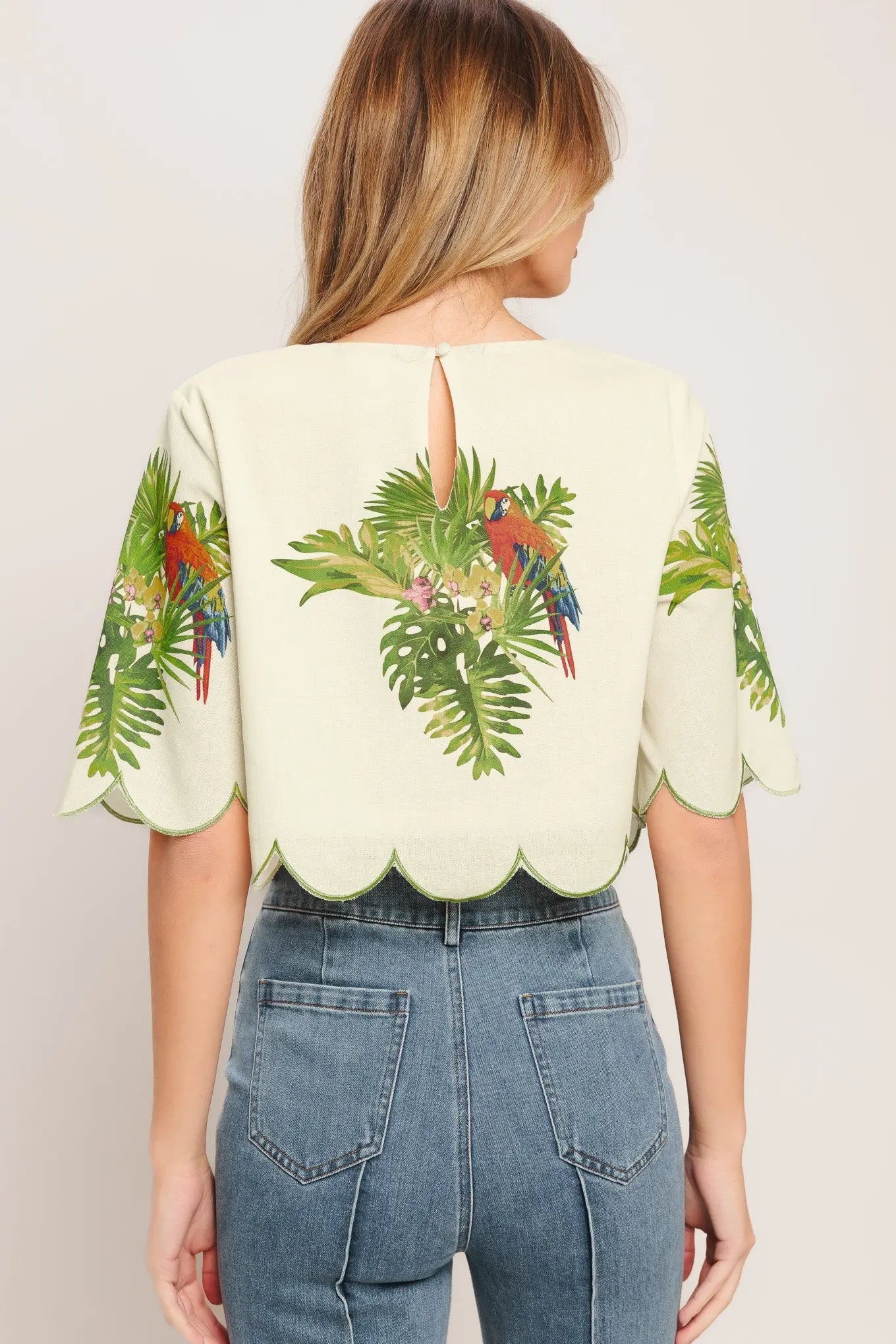 Island Elegance Printed Woven Crop Top Short Sleeve Scalloped Hem Flying Tomato