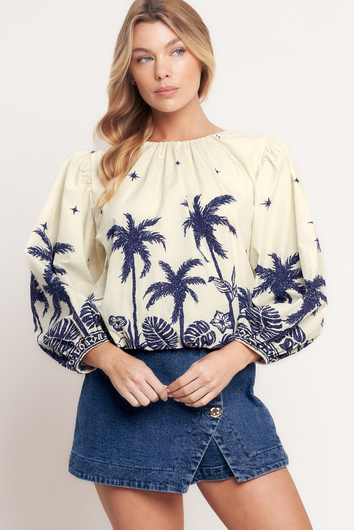 Boho Constellation Palm Print Woven Top With Long Sleeves Flying Tomato