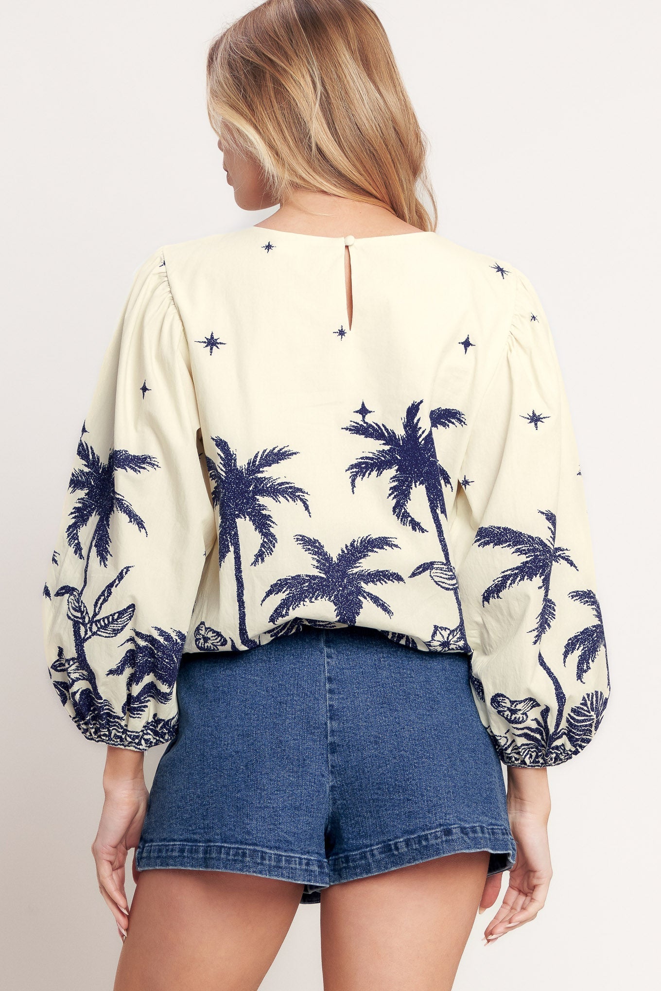Boho Constellation Palm Print Woven Top With Long Sleeves Flying Tomato