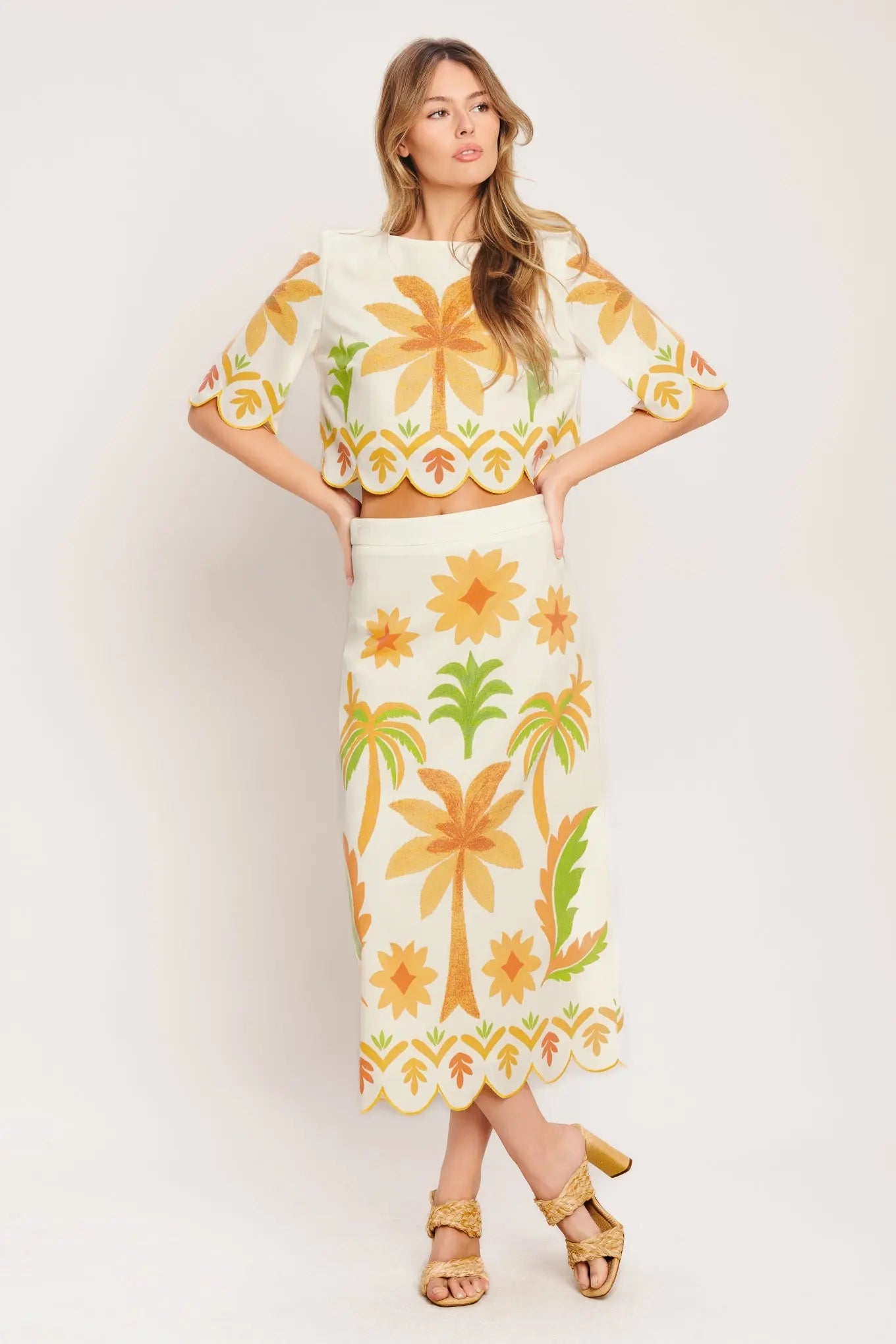 Vintage Island Woven Crop Top Three Quarter Sleeve Palm Print Scalloped Hem Flying Tomato