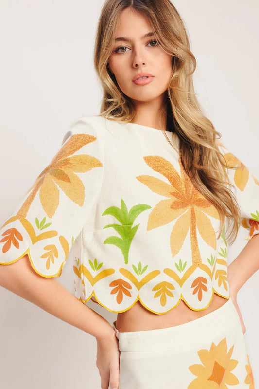 Vintage Island Woven Crop Top Three Quarter Sleeve Palm Print Scalloped Hem Flying Tomato
