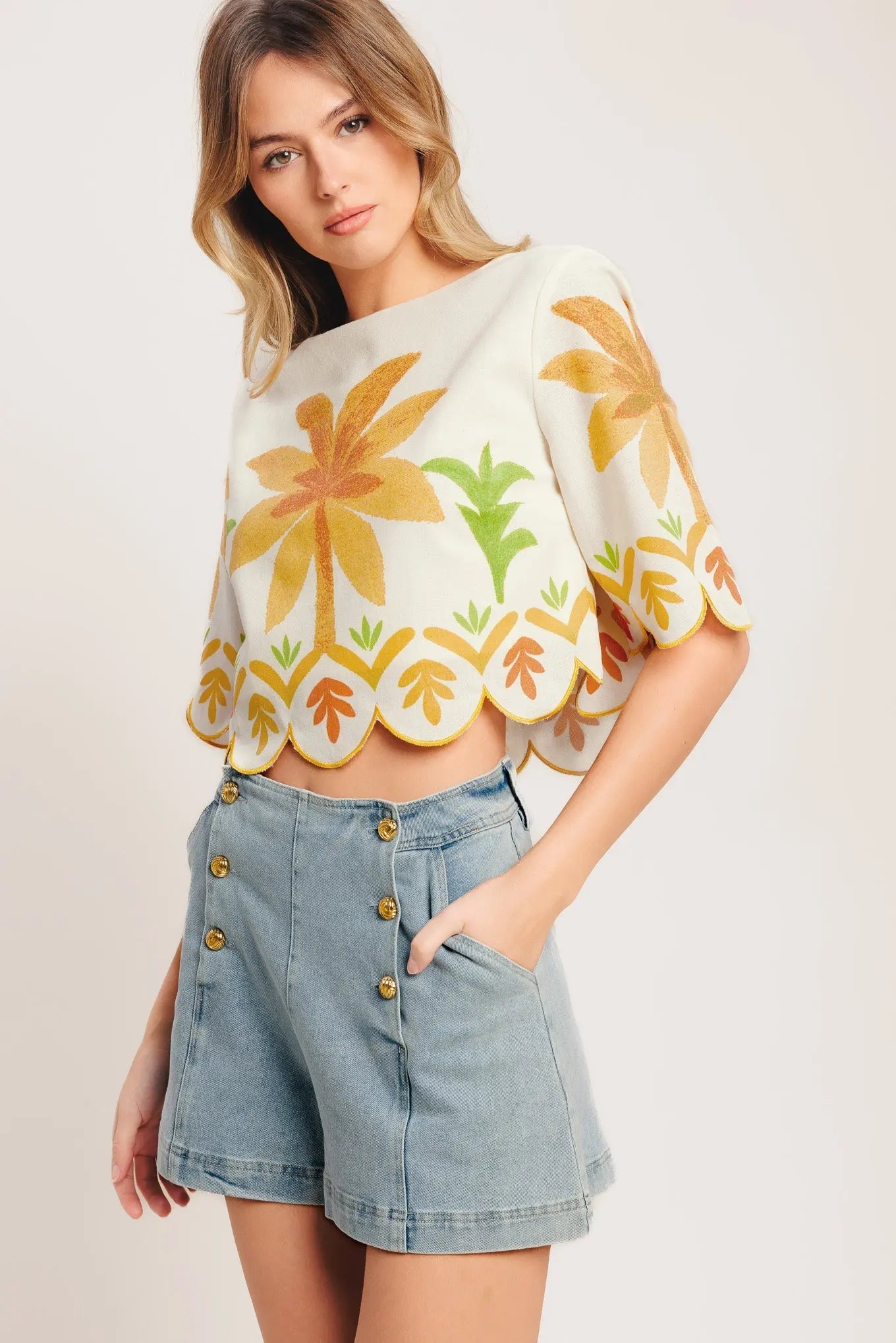 Vintage Island Woven Crop Top Three Quarter Sleeve Palm Print Scalloped Hem Flying Tomato
