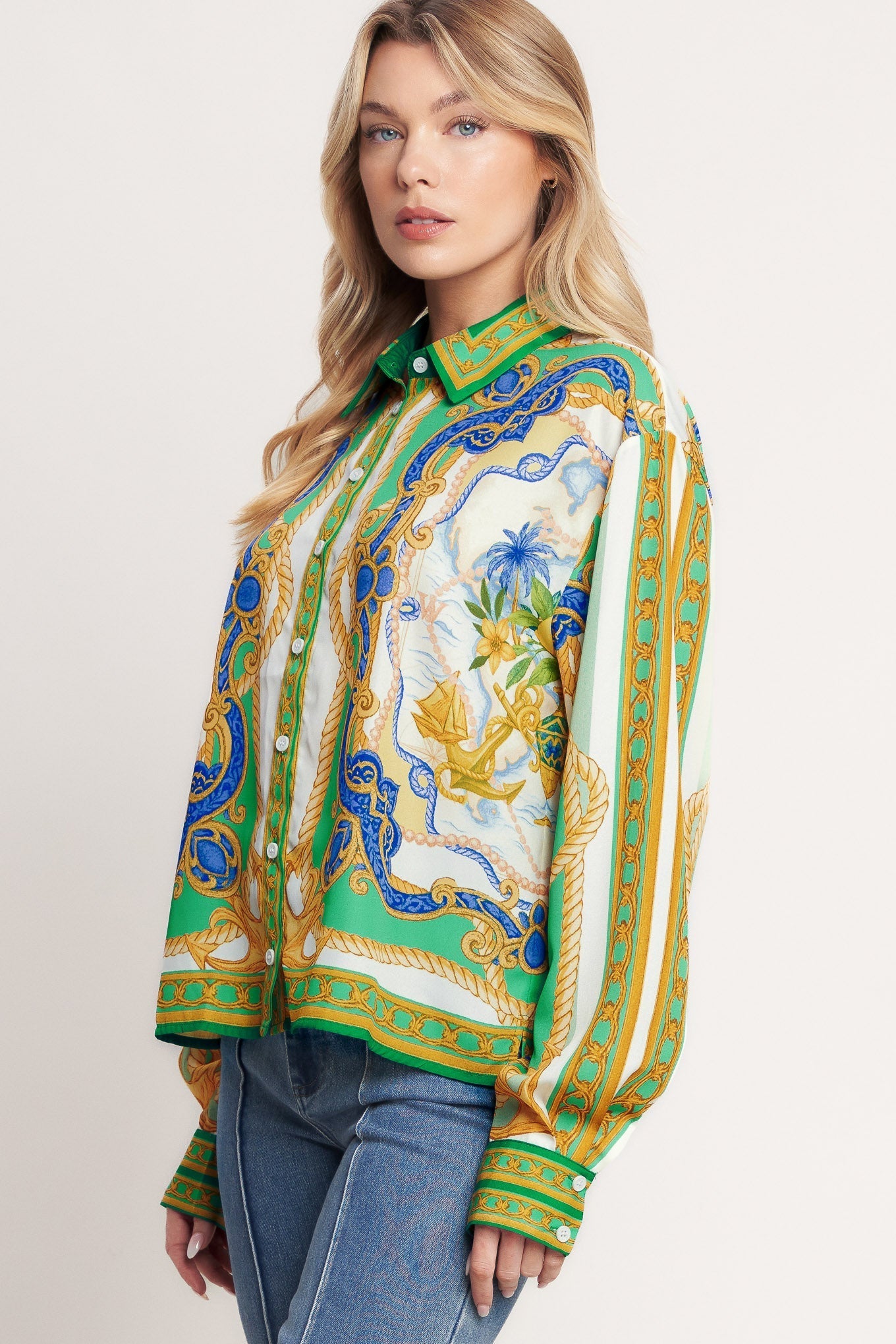 Vintage Heiress Printed Woven Button Down Top With Long Sleeves Flying Tomato