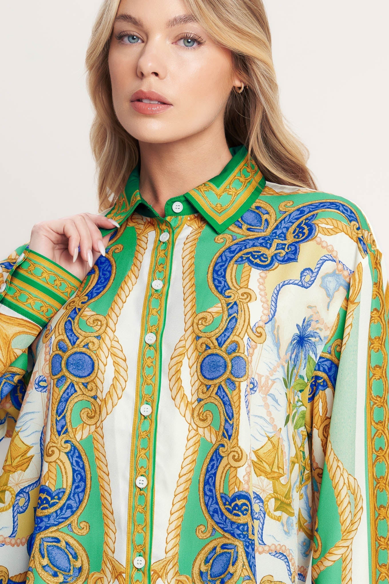 Vintage Heiress Printed Woven Button Down Top With Long Sleeves Flying Tomato