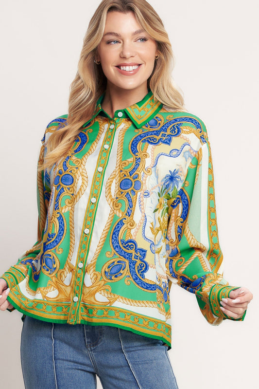 Vintage Heiress Printed Woven Button Down Top With Long Sleeves Flying Tomato