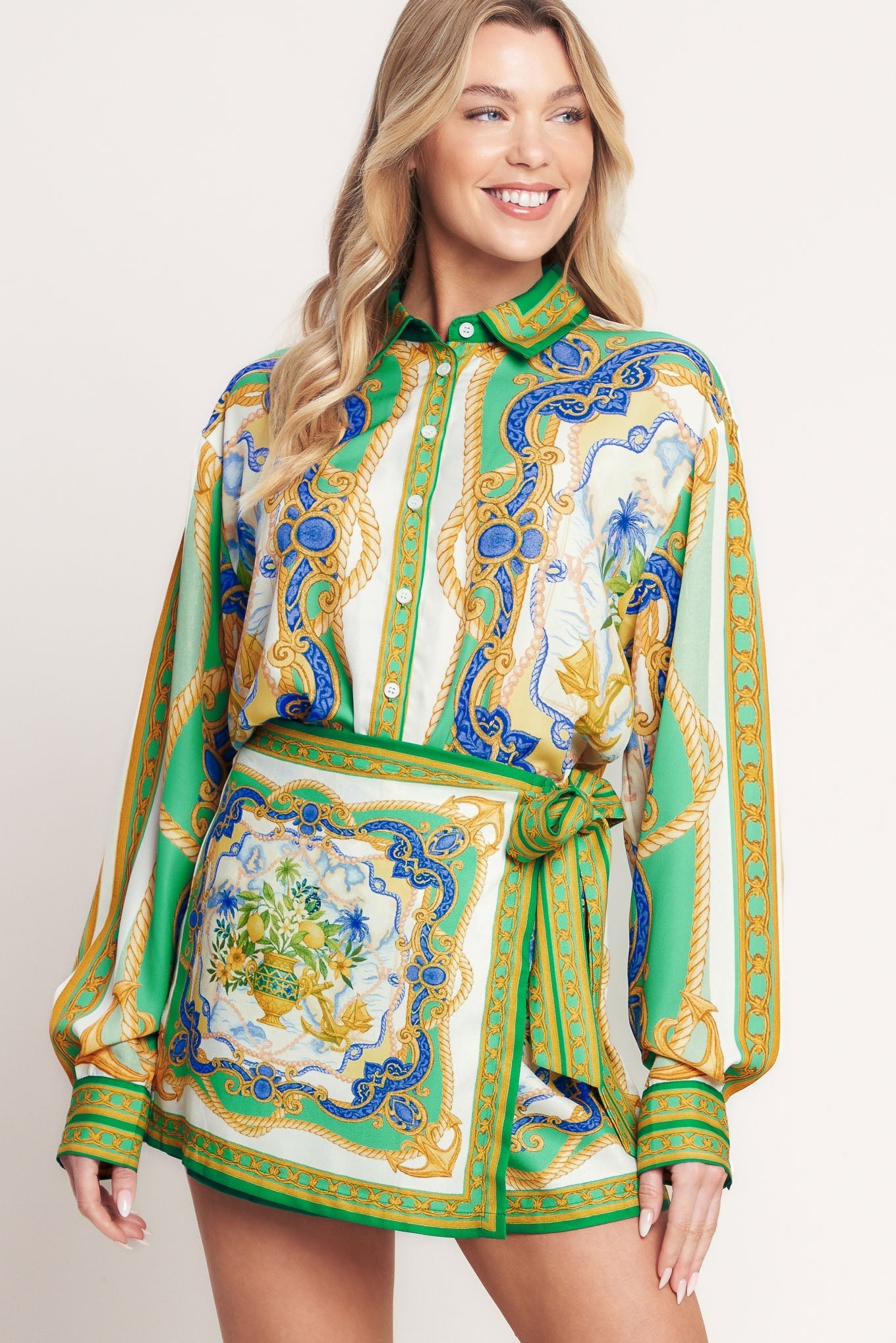 Vintage Heiress Printed Woven Button Down Top With Long Sleeves Flying Tomato