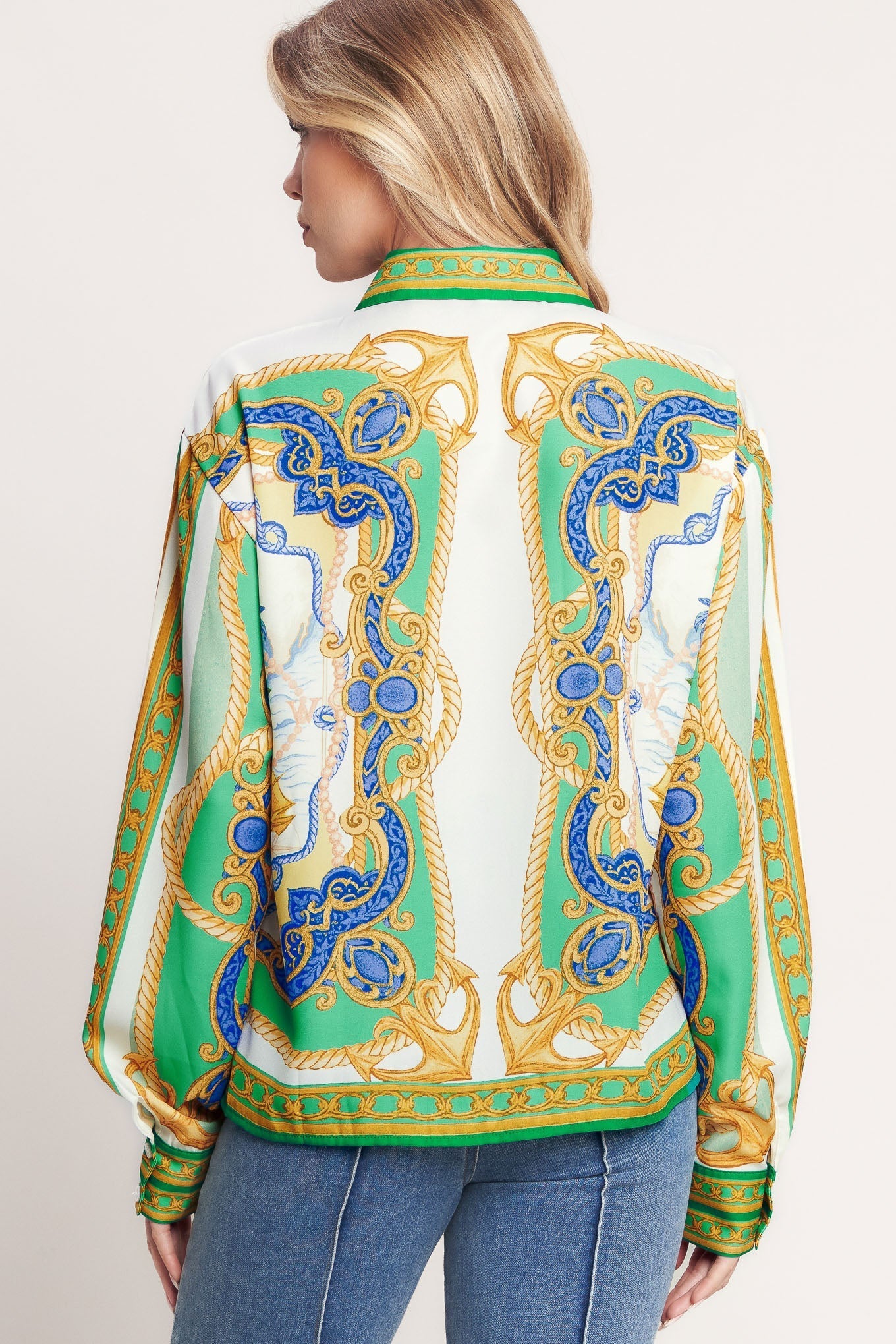 Vintage Heiress Printed Woven Button Down Top With Long Sleeves Flying Tomato