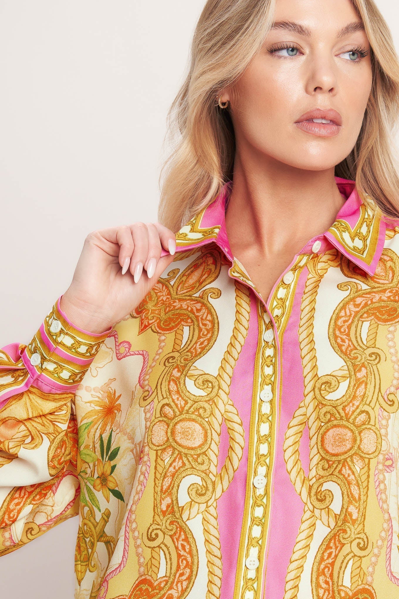 Vintage Heiress Printed Woven Button Down Top With Long Sleeves Flying Tomato