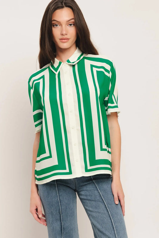 Riviera Stripe Woven Top With Collar And Short Sleeves Button Down Green White Flying Tomato