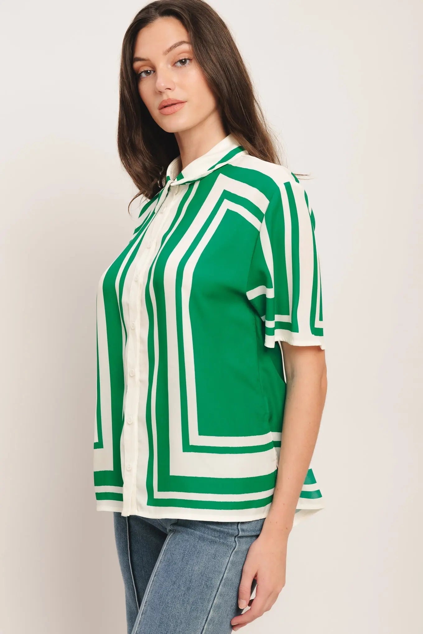 Riviera Stripe Woven Top With Collar And Short Sleeves Button Down Green White Flying Tomato