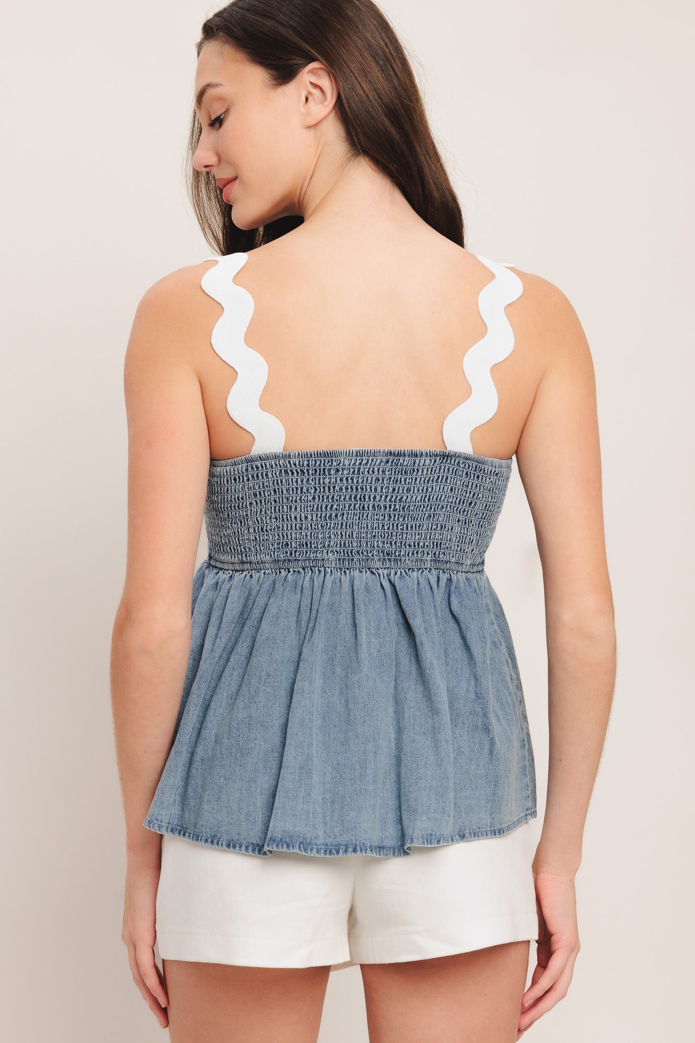 Relaxed Drape Lightweight Denim Top With White Ric Rac Trim Peplum Flying Tomato