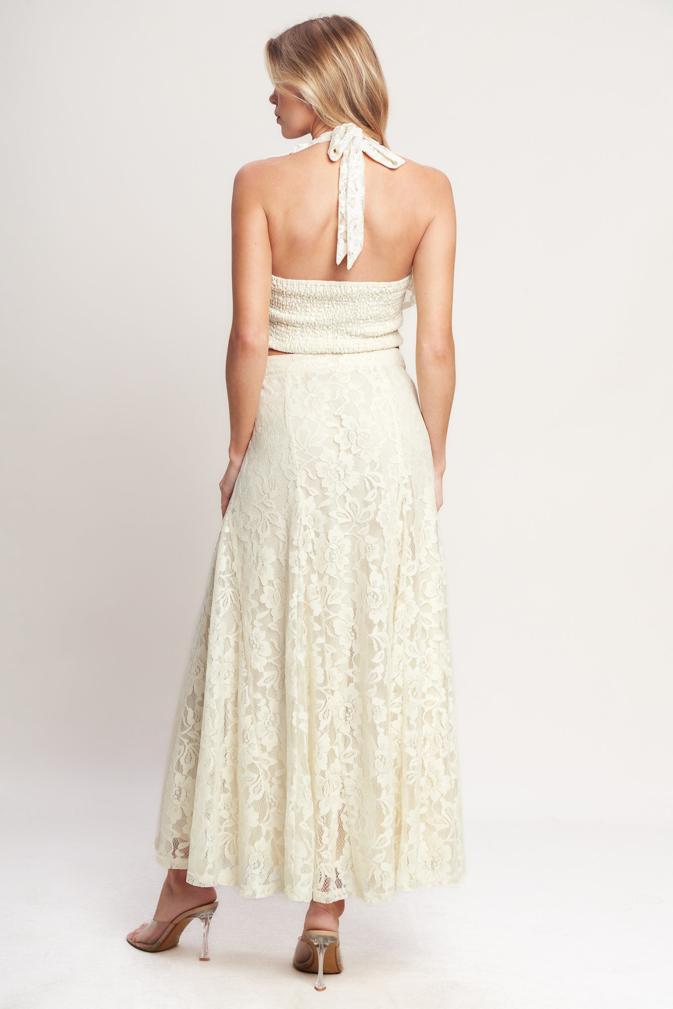 Ballet Muse Woven Lace Halter Top With Ruffles Tie Back Smocked Bodice Flying Tomato