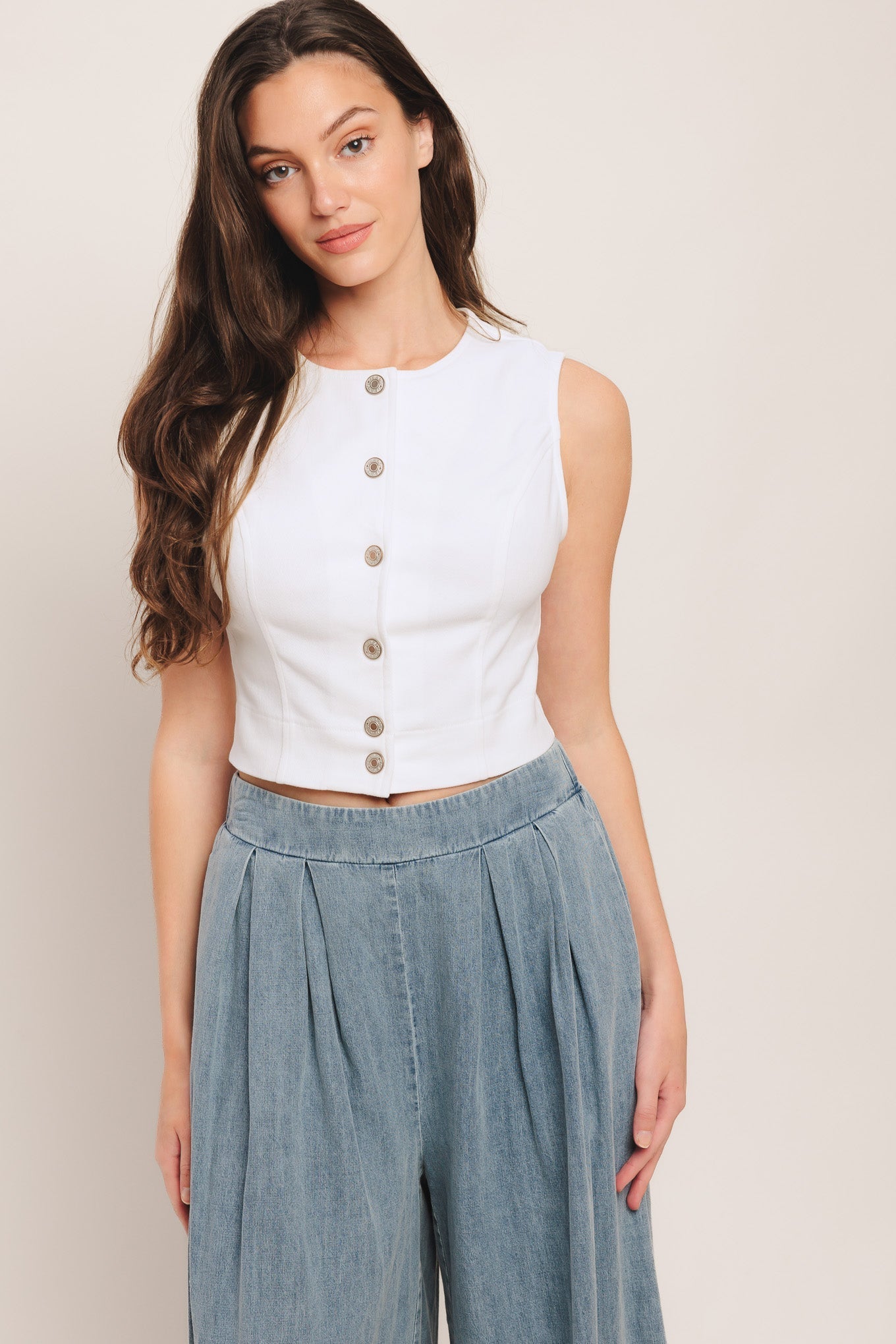 White Woven Crop Top With Front Button Closure Sleeveless Round Neckline Flying Tomato