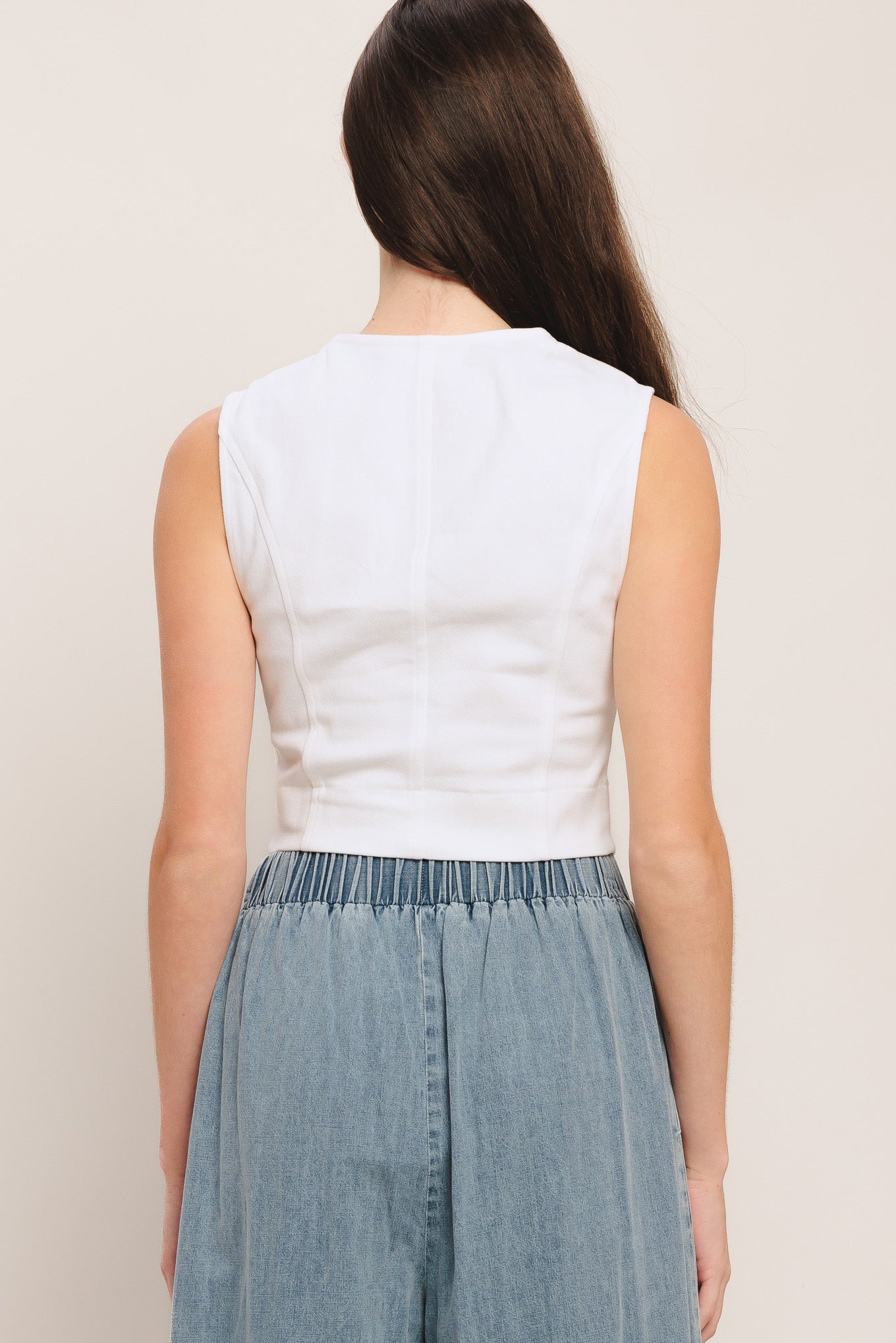 White Woven Crop Top With Front Button Closure Sleeveless Round Neckline Flying Tomato