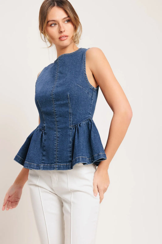 Denim Flounce Peplum Top With Round Neck Sleeveless Flying Tomato