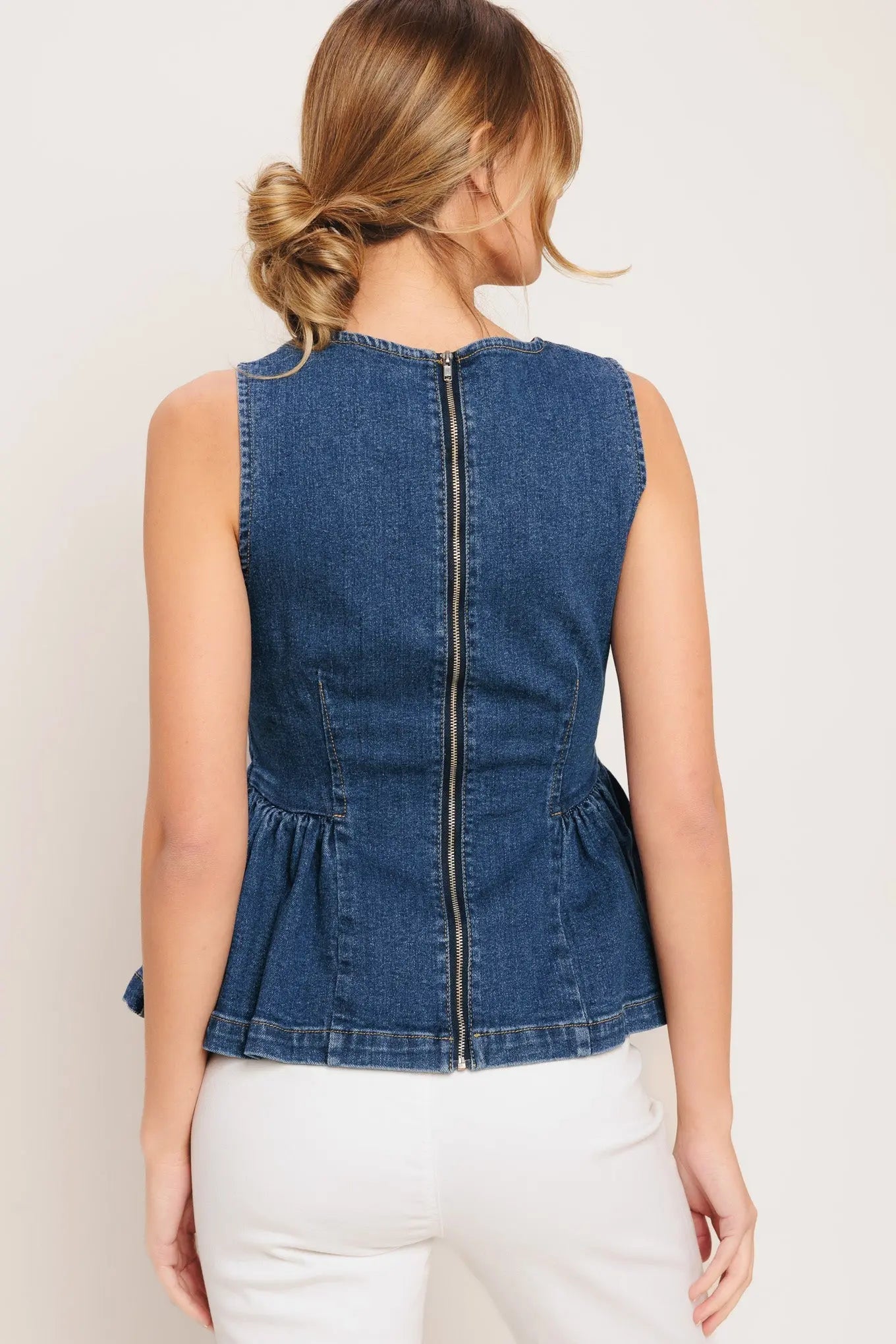 Denim Flounce Peplum Top With Round Neck Sleeveless Flying Tomato