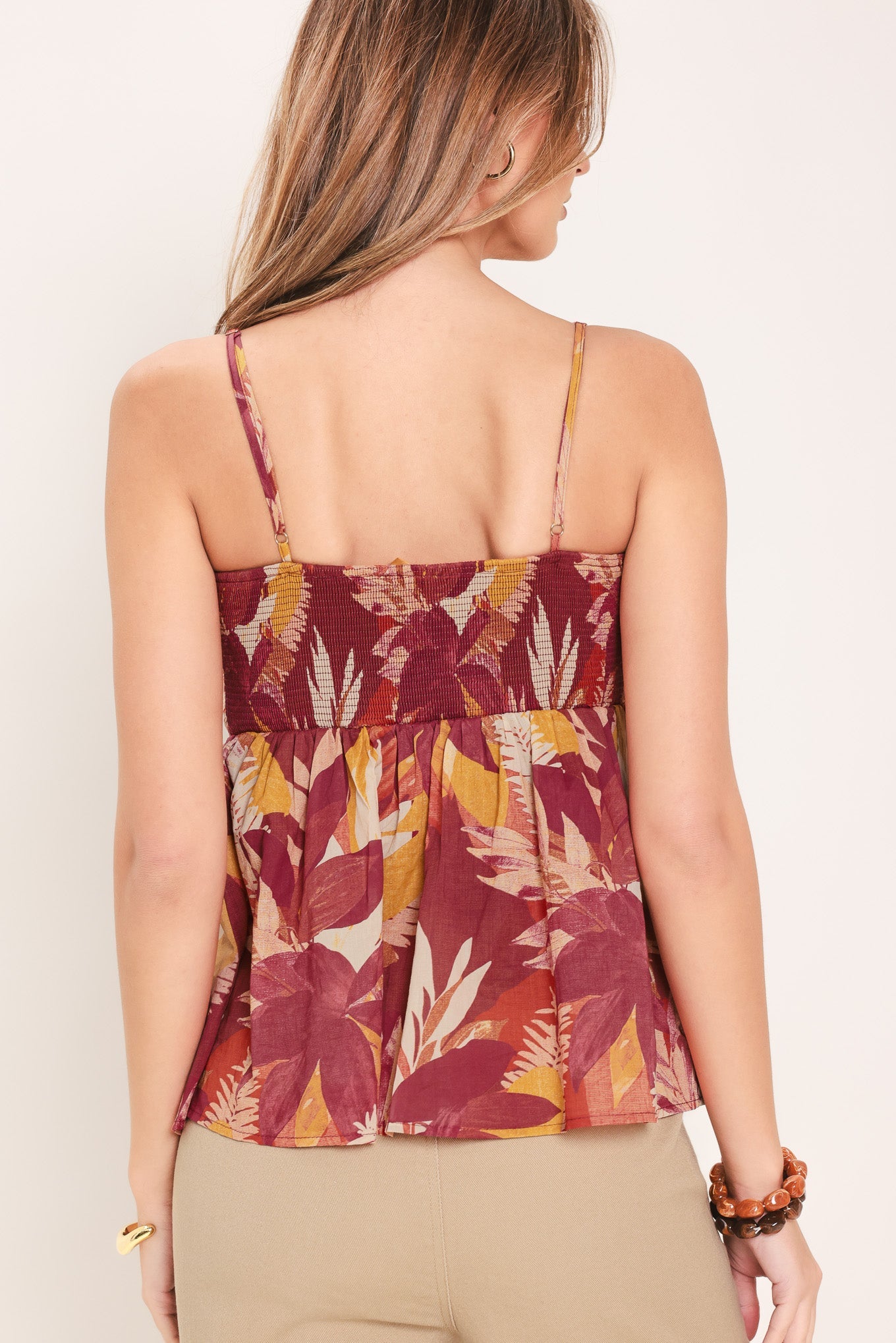 Resort Dream Palazzo Woven Top With Floral Print And Cinched Front
