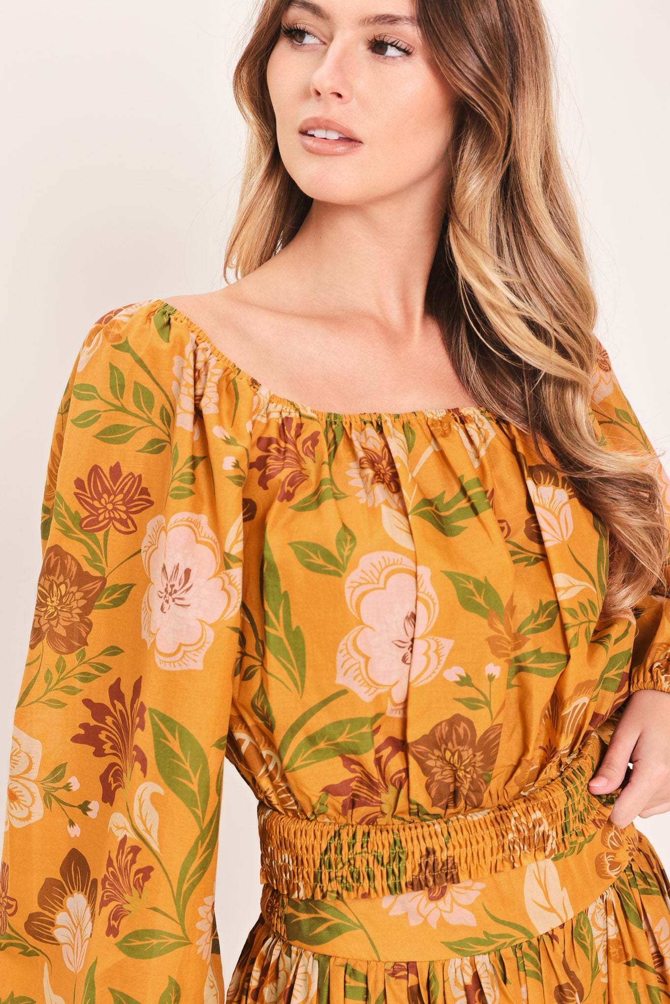 Sunset Garden Floral Woven Top With Square Neck And Smocked Waist