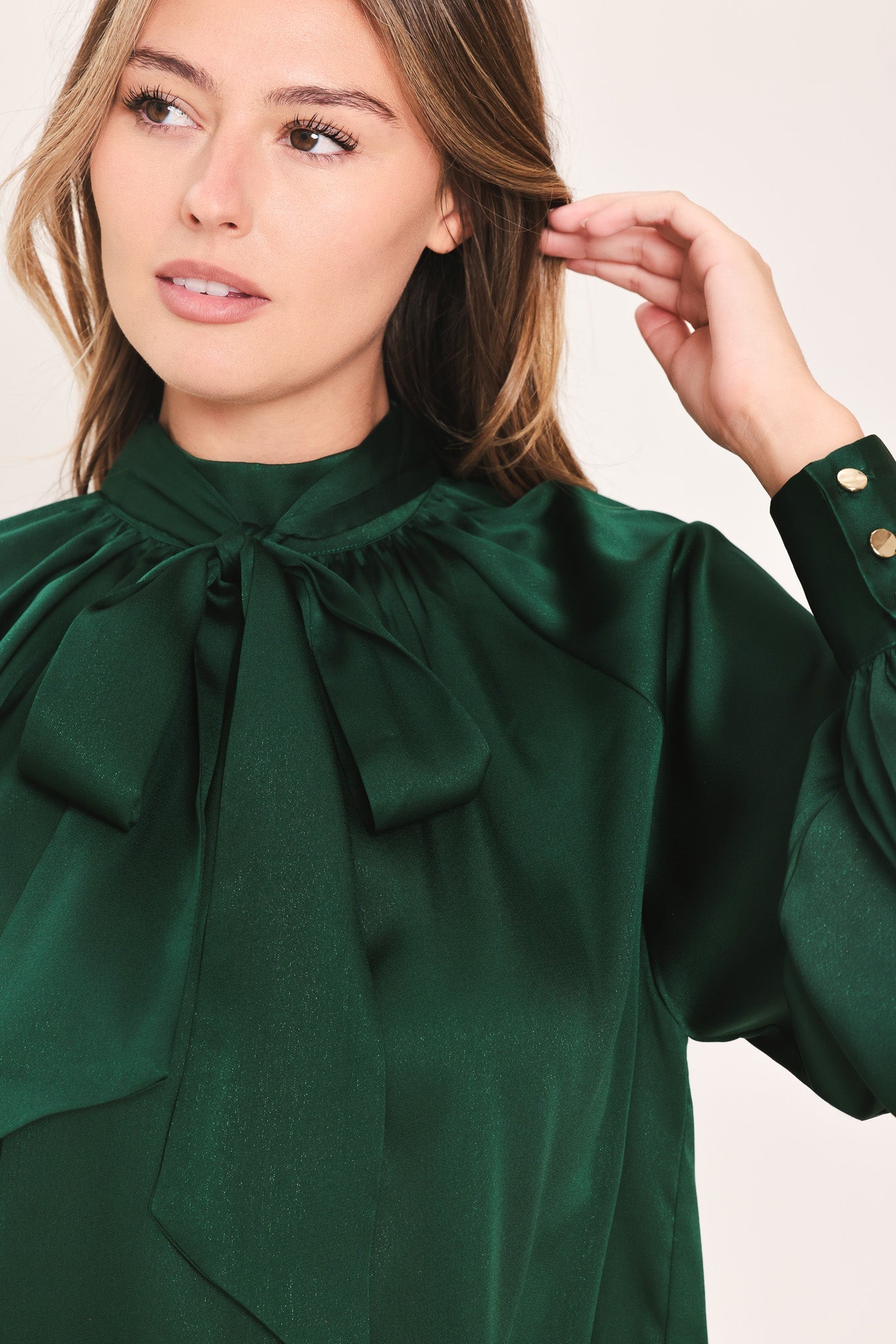Forest Poise Women Hunter Green Satin Tie Neck Raglan Woven Blouse