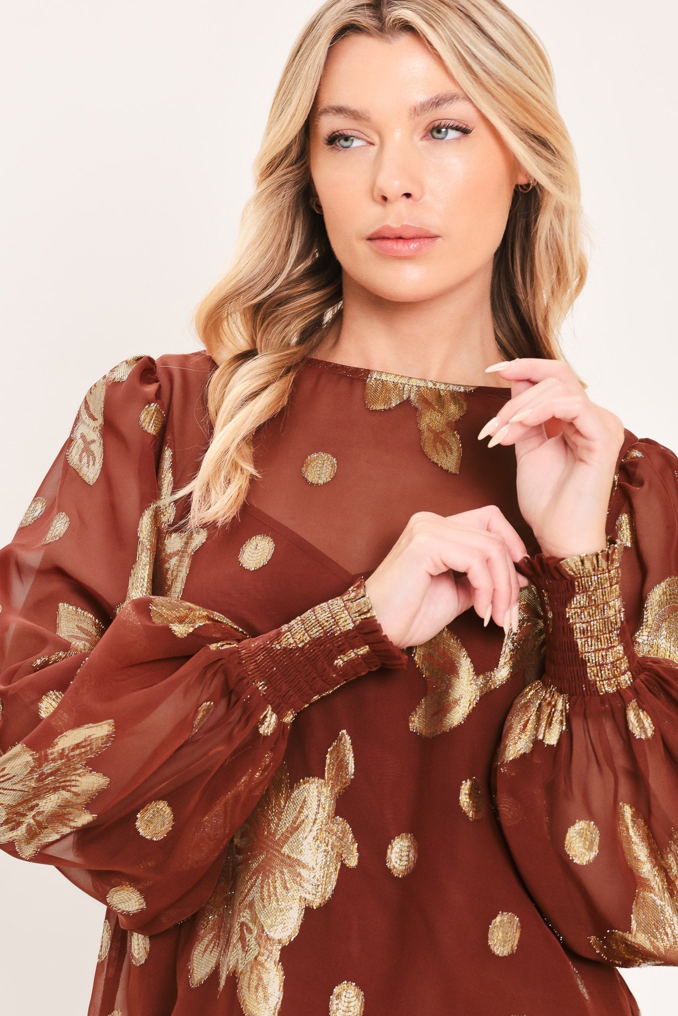 Womens Rust Brown Floral Jacquard Blouson Sleeve Woven Top