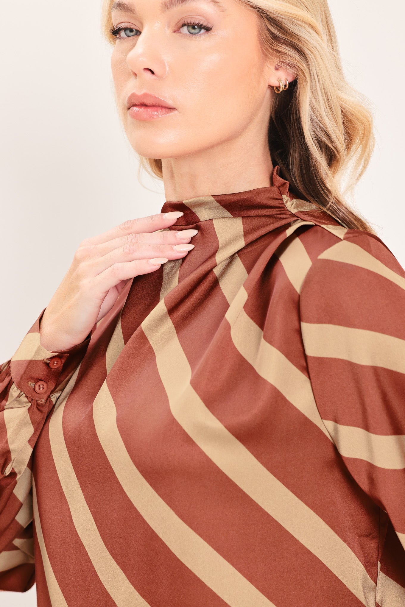 Womens Toffee Diagonal Flow Woven Blouse Funnel Neckline Long Sleeve Top