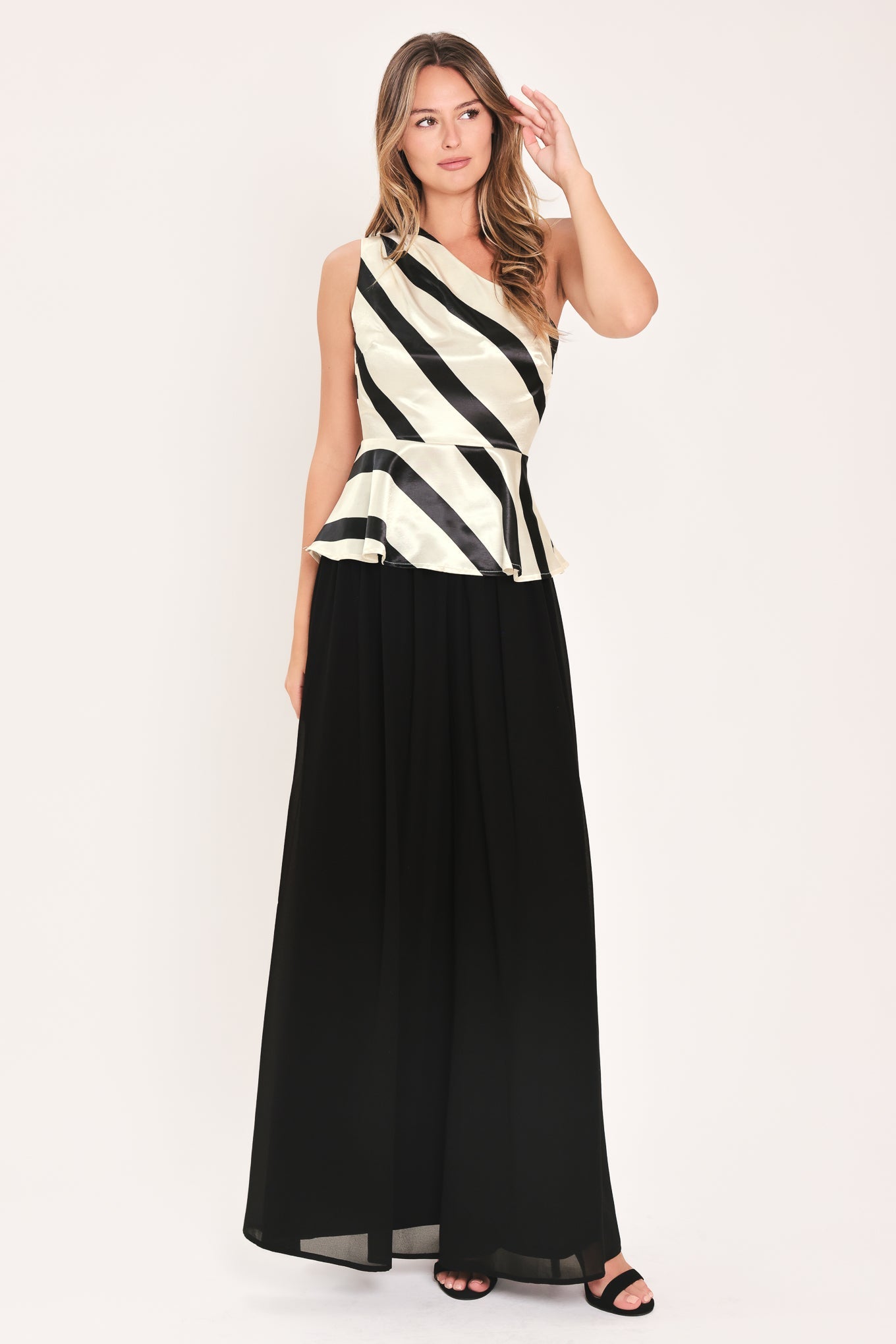 Women Black And Cream Diagonal Striped Satin One Shoulder Peplum Top