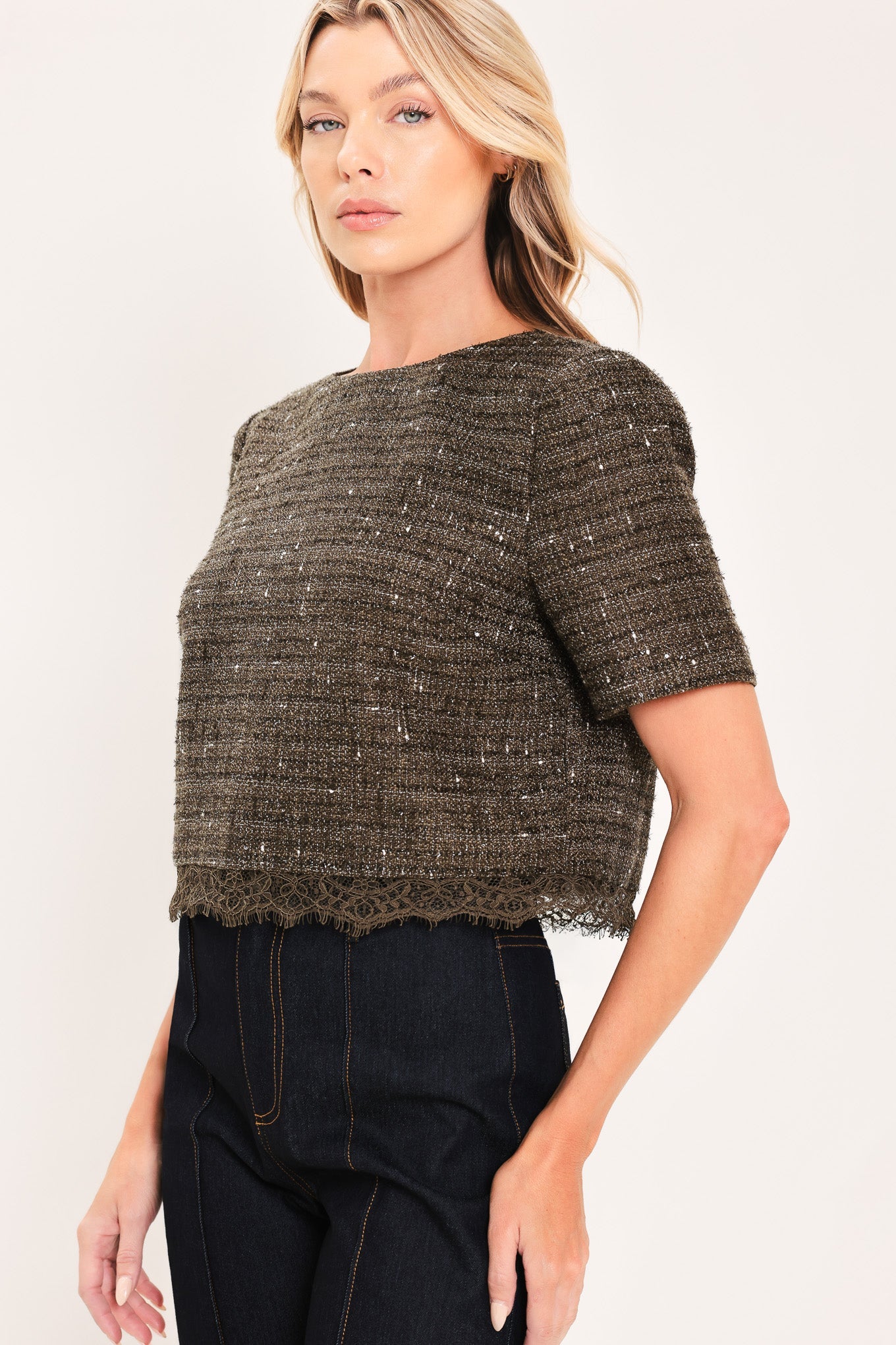 Women Dark Champagne Spark Woven Tweed Top Short Sleeve Lined