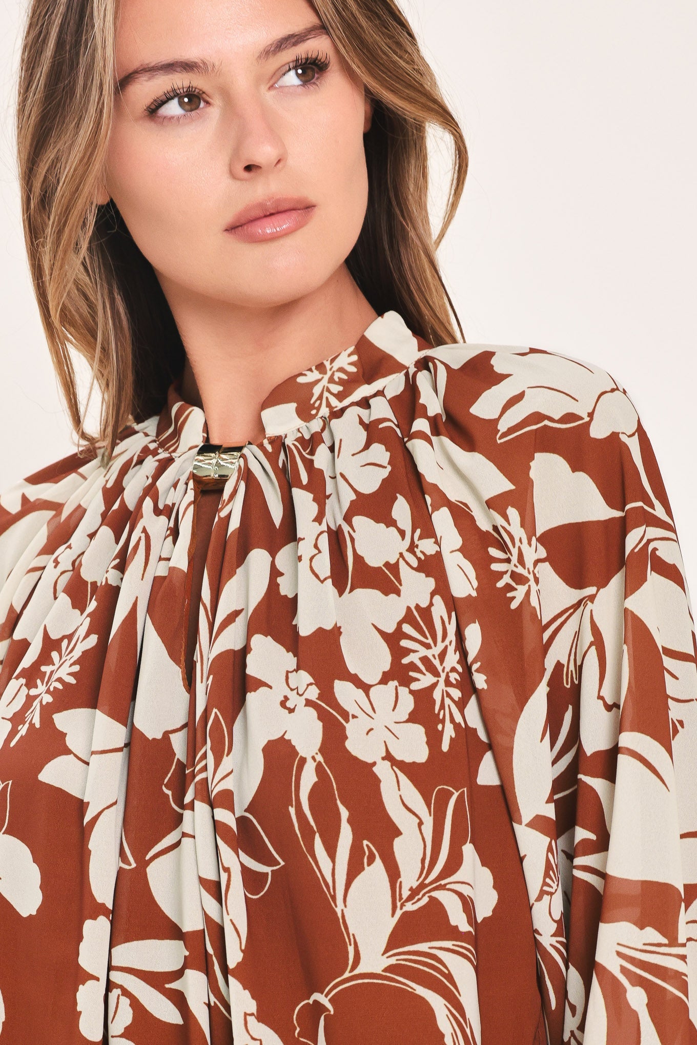 Rust and Cream Floral Print Woven Blouse With Gold Hardware Raglan Sleeves