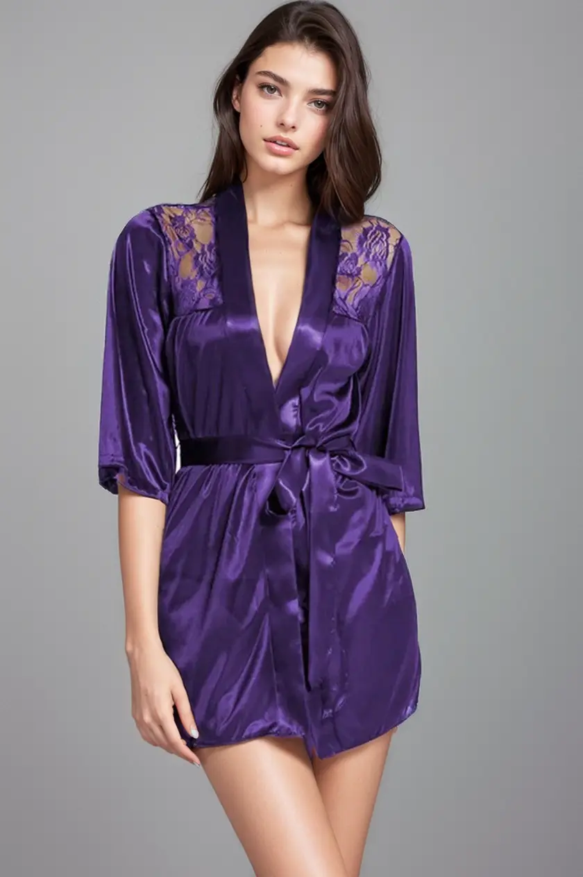 Satin Robe with Lace 3wishes.com