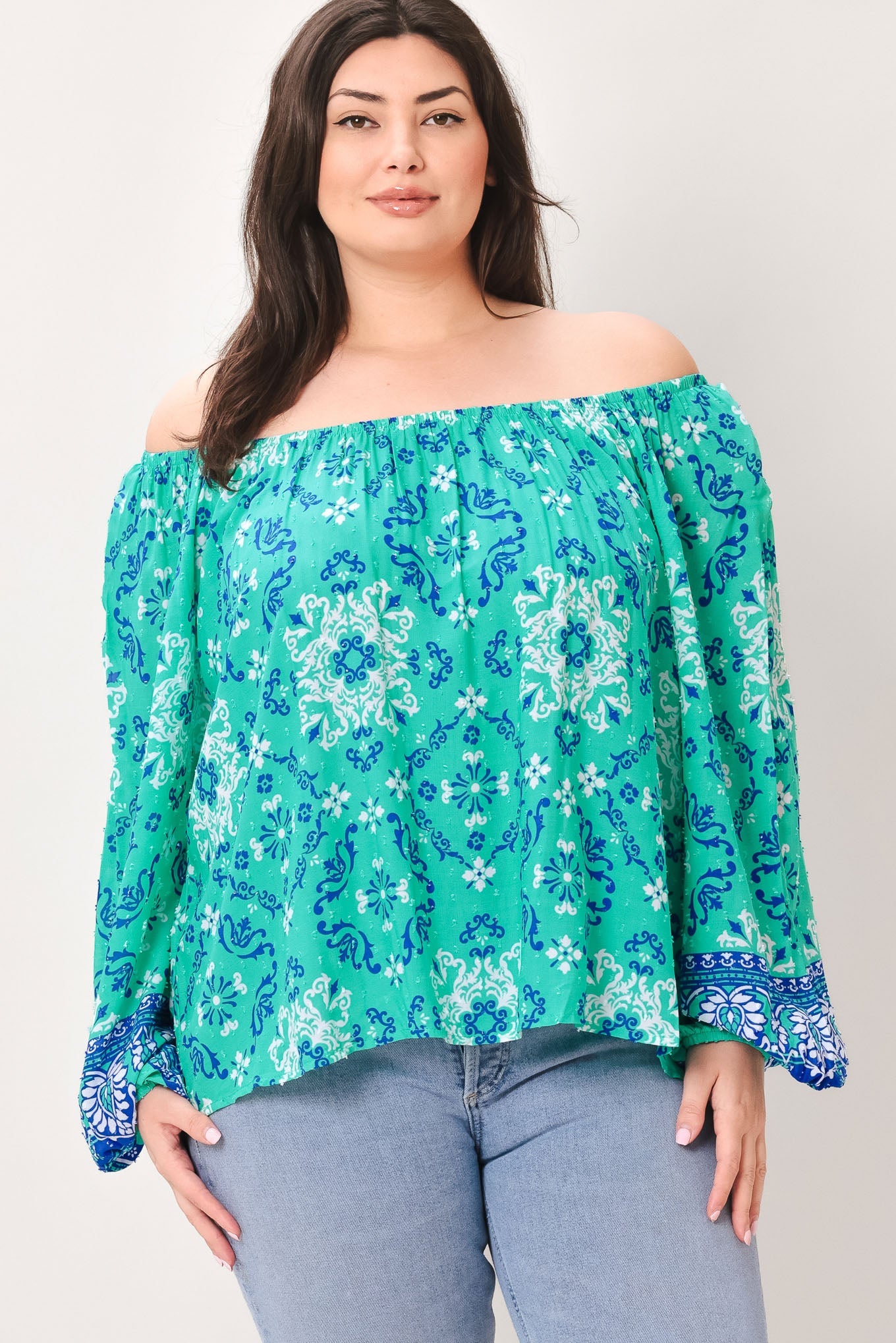 Detailed close-up of the Flying Tomato Send My Love Woven Top fabric, showcasing the intricate weave and premium quality text