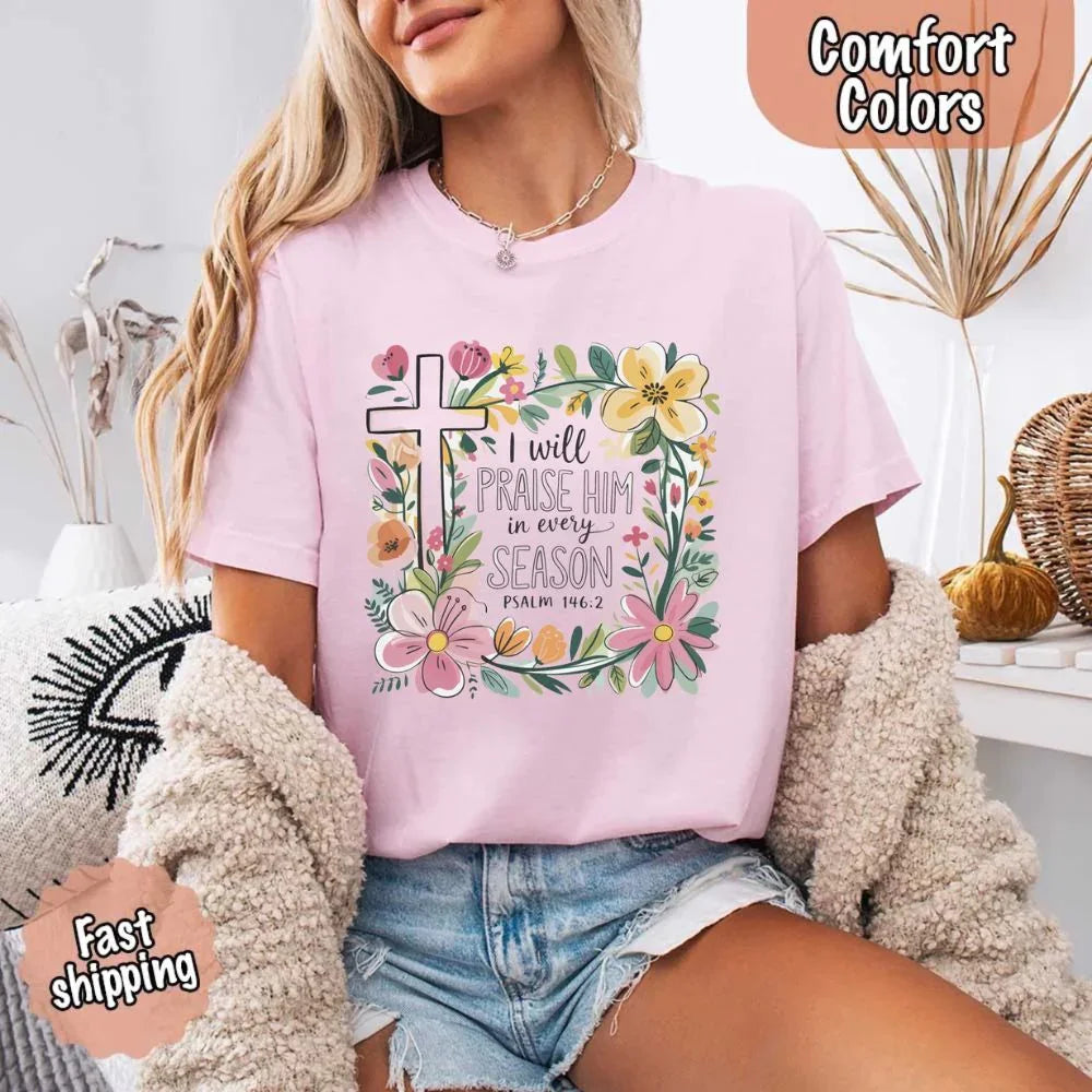 Size and measurement guide for the unisex Adorb Custom Tees Comfort Colors Christian floral cross shirt.