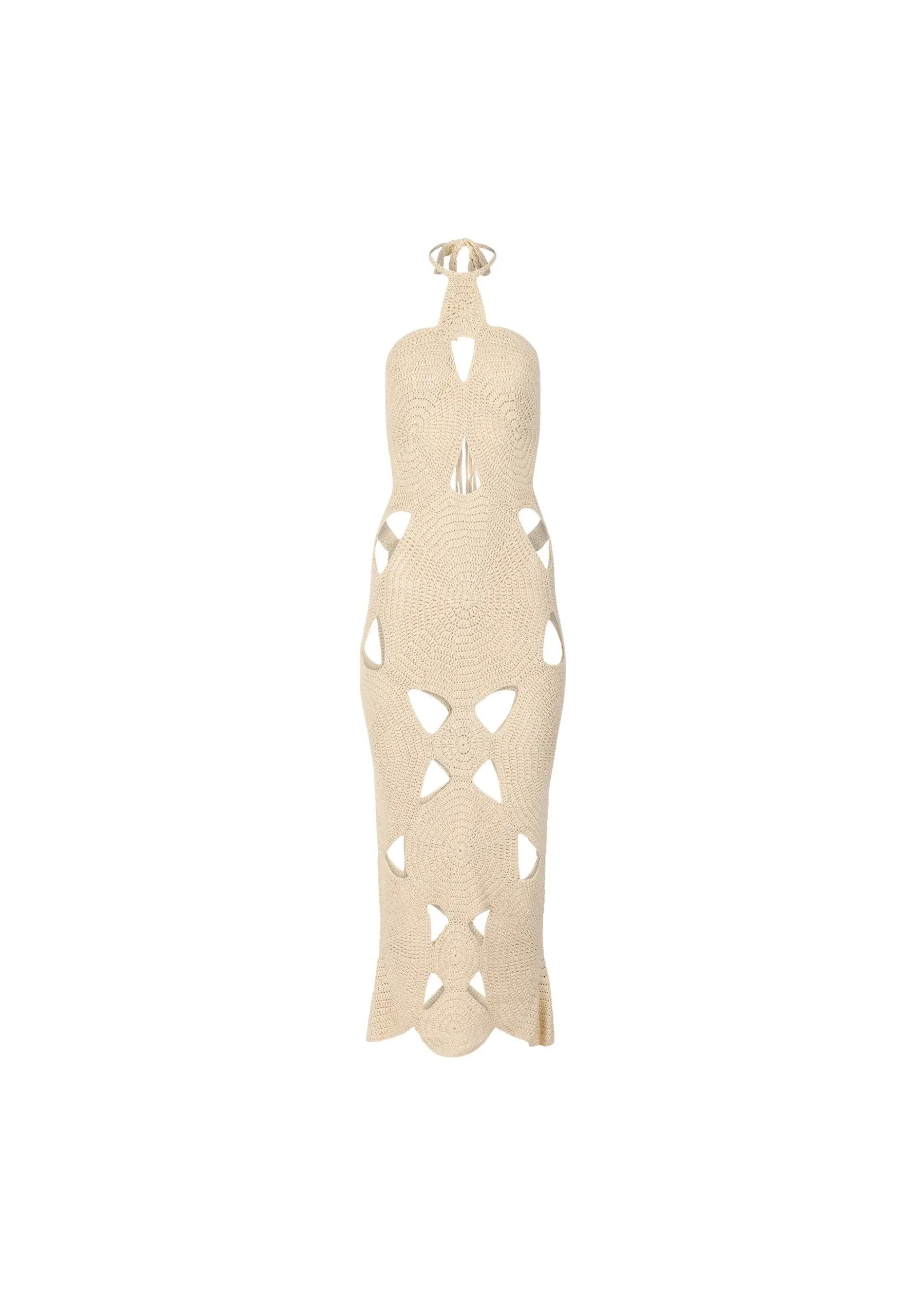 Isla Crochet Halter Neck Dress in Cream with Cut-Outs - Love Salve 