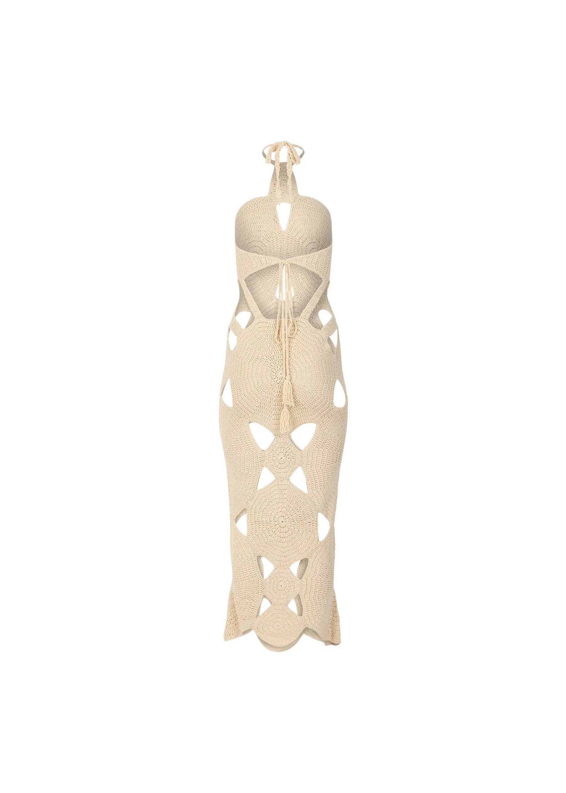 Isla Crochet Halter Neck Dress in Cream with Cut-Outs - Love Salve 