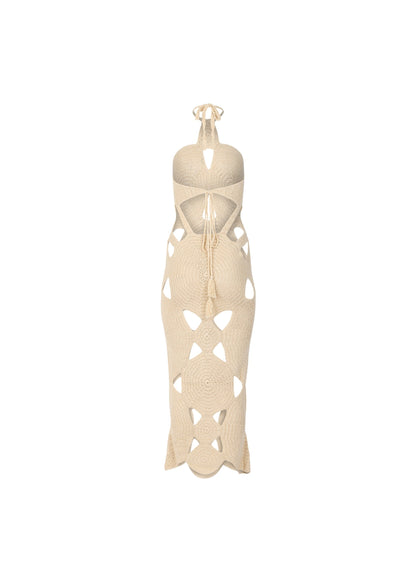 Isla Crochet Halter Neck Dress in Cream with Cut-Outs - Love Salve 
