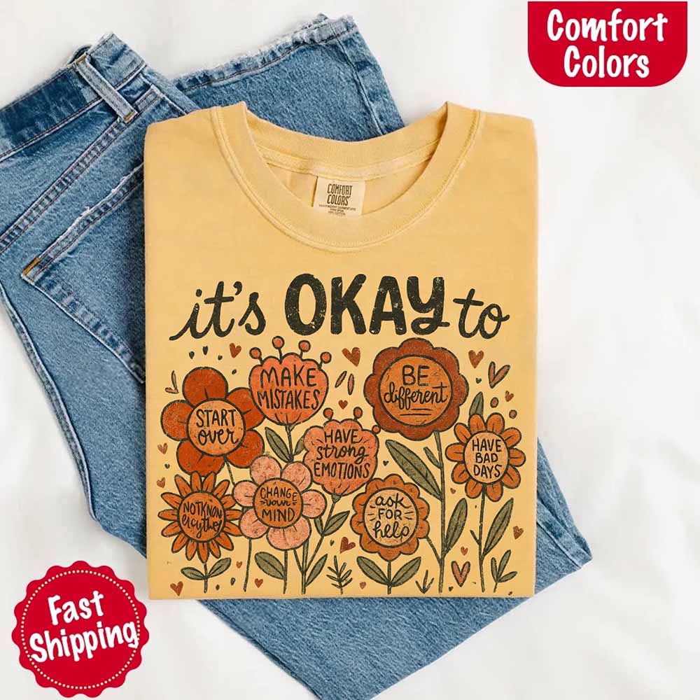 It’s Okay Boho Floral Comfort Colors Tee – Vintage Wildflower Shirt for Women