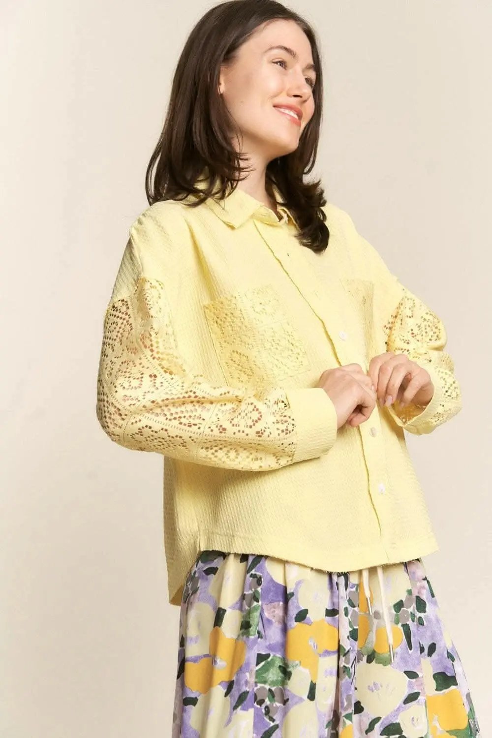 J.NNA Button Down Lace Long Sleeve Waffle Shirt - Love Salve 