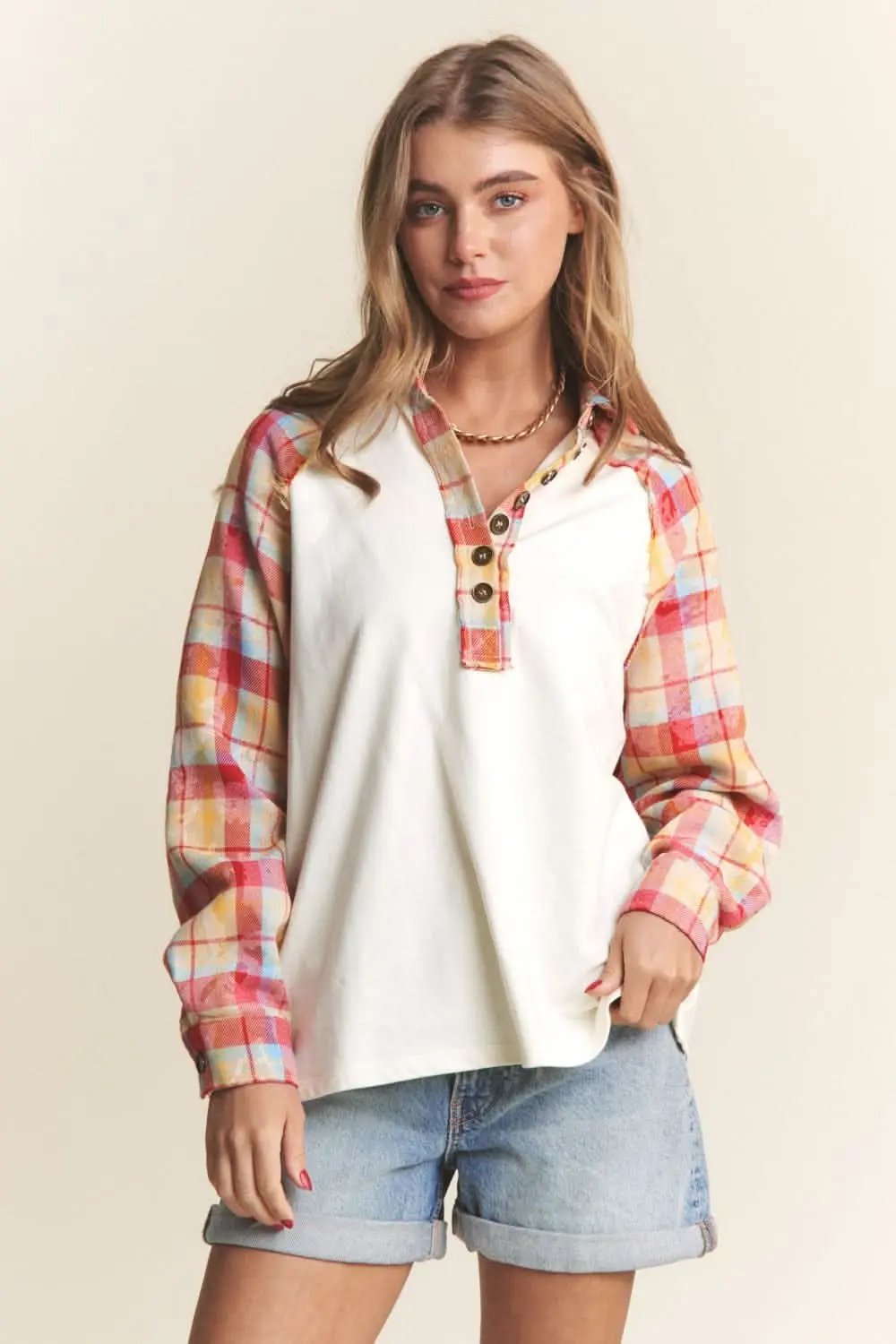 J.NNA plaid henley top - button down - Love Salve 