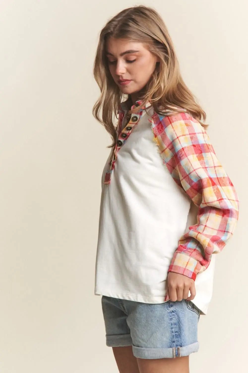 J.NNA plaid henley top - button down - Love Salve 