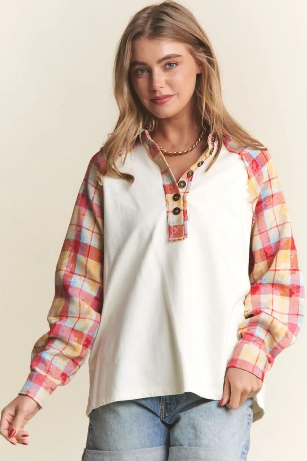 J.NNA plaid henley top - button down - Love Salve 