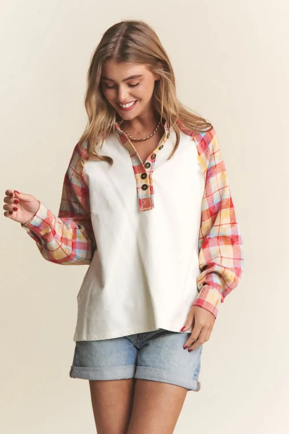 J.NNA plaid henley top - button down - Love Salve 