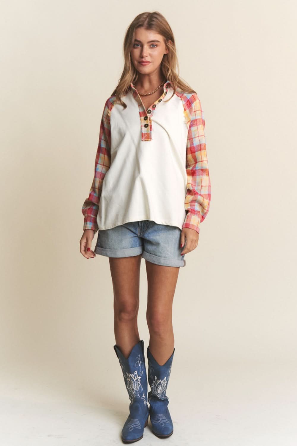 J.NNA plaid henley top - button down - Love Salve 
