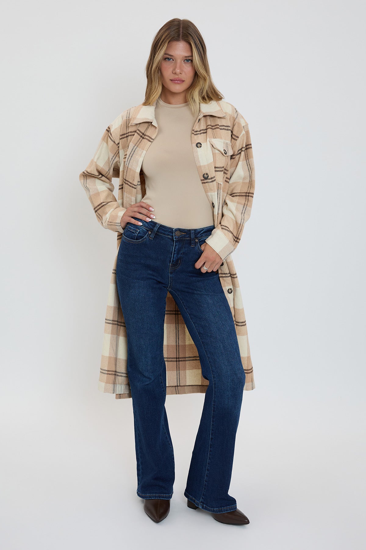 Women's Plaid Shacket Long Duster YMI JEANS
