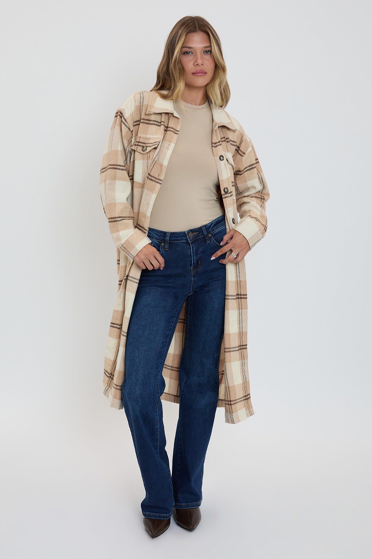 Women's Plaid Shacket Long Duster YMI JEANS
