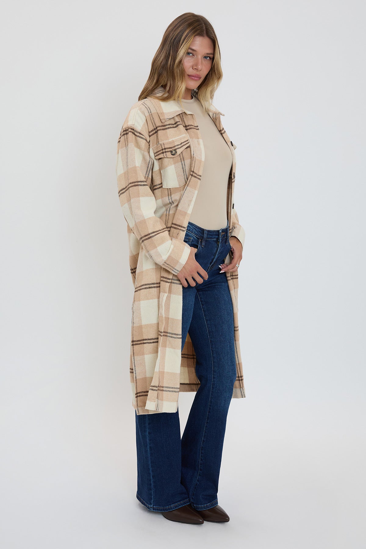 Women's Plaid Shacket Long Duster YMI JEANS