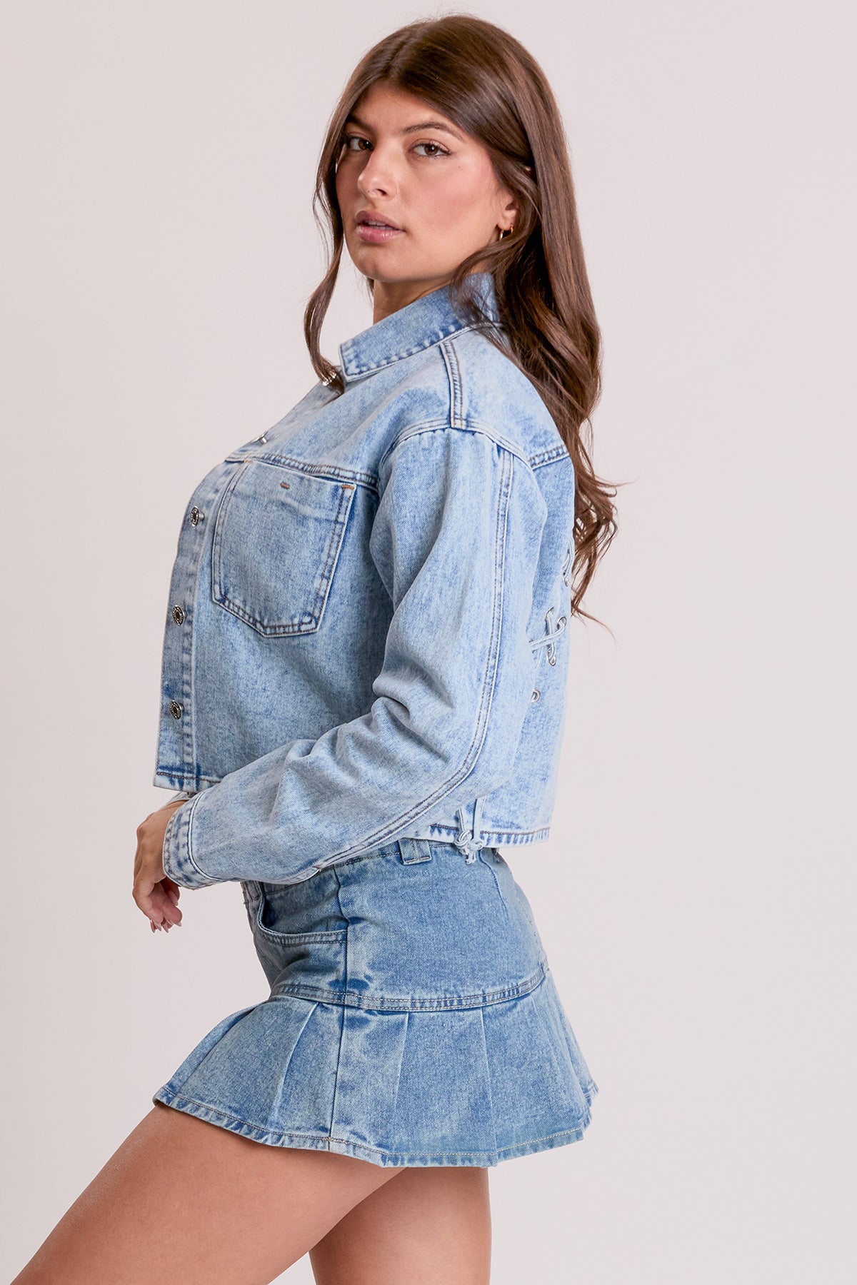 Women's Cropped Lace Up Back Denim Jacket YMI JEANS