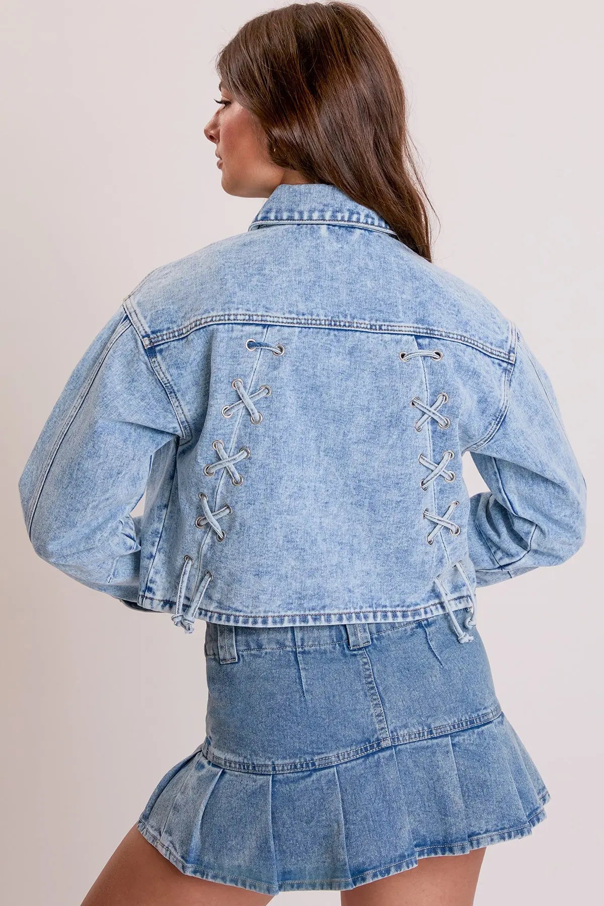 Women's Cropped Lace Up Back Denim Jacket YMI JEANS
