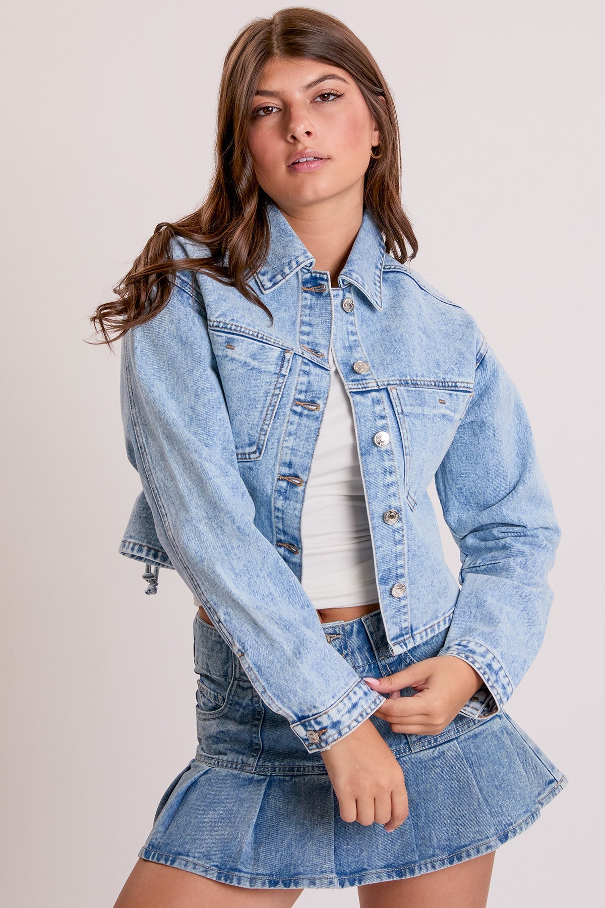 Women's Cropped Lace Up Back Denim Jacket YMI JEANS