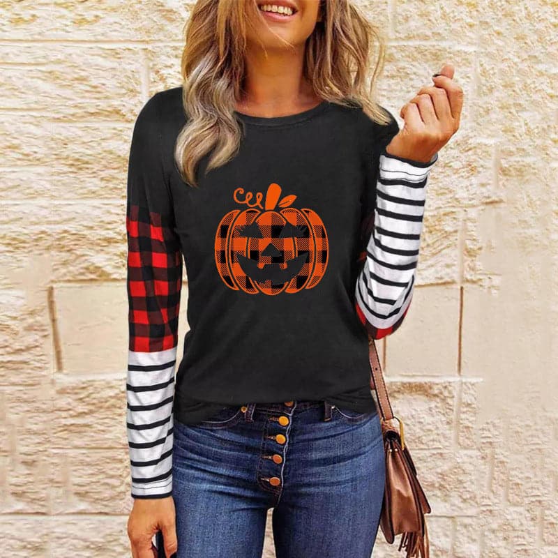 Spook-tacular women's patchwork knit top for Halloween fun