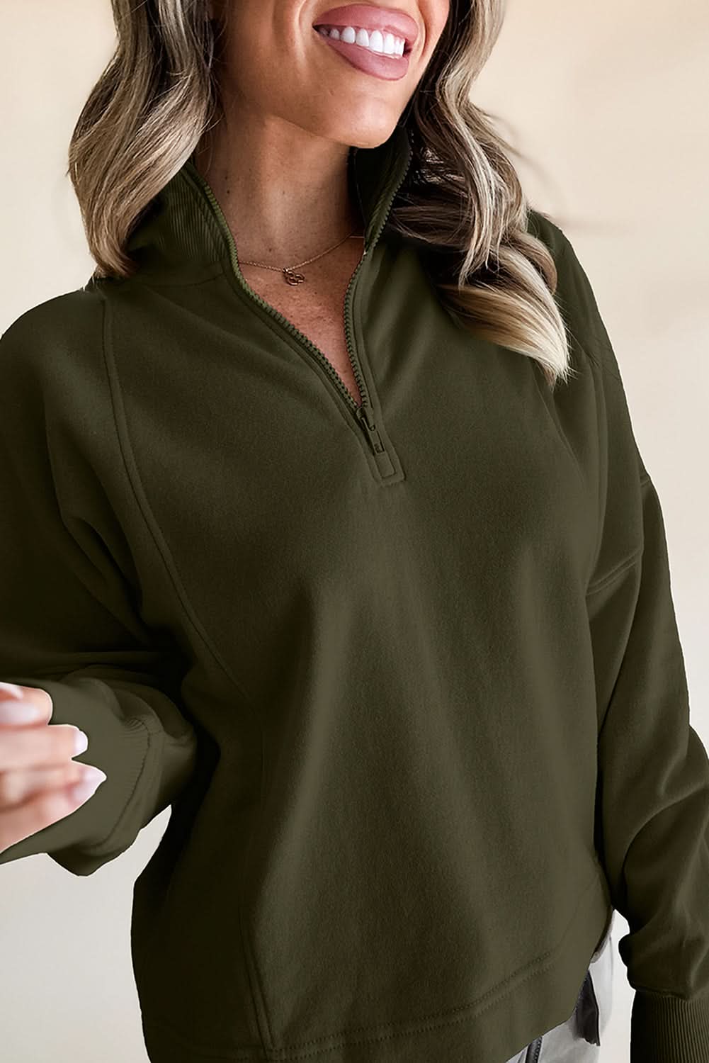 Jungle Green Zipped Neck Pullover Drop Shoulder Sweatshirt - Love Salve 